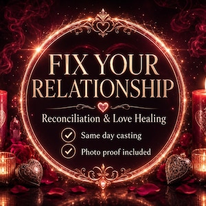 May include: A digital graphic featuring the text FIX YOUR RELATIONSHIP, Reconciliation & Love Healing, Same day casting, and Photo proof included. The design is framed by a glowing golden circle, flanked by two red candles and red roses.