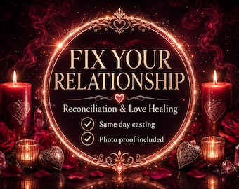 May include: A digital graphic featuring the text FIX YOUR RELATIONSHIP, Reconciliation & Love Healing, Same day casting, and Photo proof included. The design is framed by a glowing golden circle, flanked by two red candles and red roses.