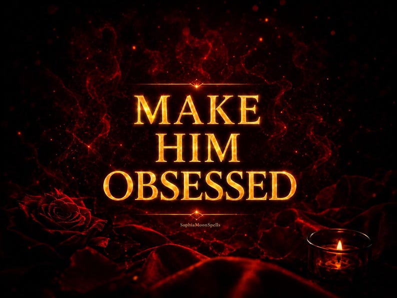 May include: A digital graphic featuring the text MAKE HIM OBSESSED in glowing orange letters against a dark, smoky background. A deep red rose is visible on the left, and a small lit candle in a glass holder sits on the right side of the image.