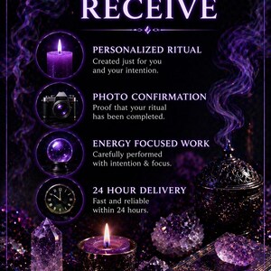 Puede incluir: Un gr&aacute;fico informativo de color p&uacute;rpura titulado WHAT YOU RECEIVE, que enumera cuatro servicios: PERSONALIZED RITUAL, PHOTO CONFIRMATION, ENERGY FOCUSED WORK y 24 HOUR DELIVERY. La imagen muestra iconos de una vela, c&aacute;mara, bola de cristal y reloj.