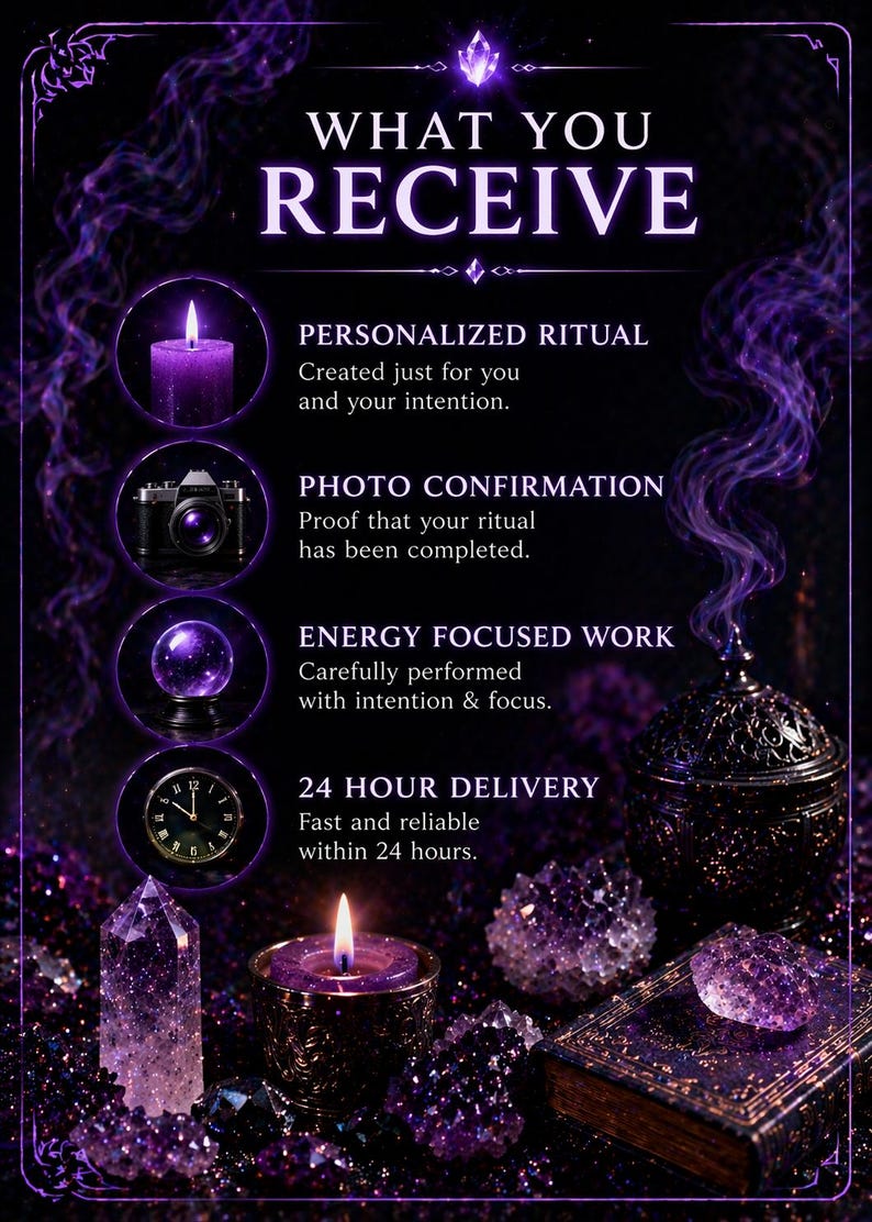 Puede incluir: Un gr&aacute;fico informativo de color p&uacute;rpura titulado WHAT YOU RECEIVE, que enumera cuatro servicios: PERSONALIZED RITUAL, PHOTO CONFIRMATION, ENERGY FOCUSED WORK y 24 HOUR DELIVERY. La imagen muestra iconos de una vela, c&aacute;mara, bola de cristal y reloj.