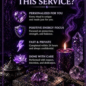 May include: A purple-themed graphic with the text WHY CHOOSE THIS SERVICE? featuring four icons: a heart, a shield, a lightning bolt, and a lotus flower. The text lists: PERSONALIZED FOR YOU, POSITIVE ENERGY FOCUS, FAST & PRIVATE, and DONE WITH CARE.