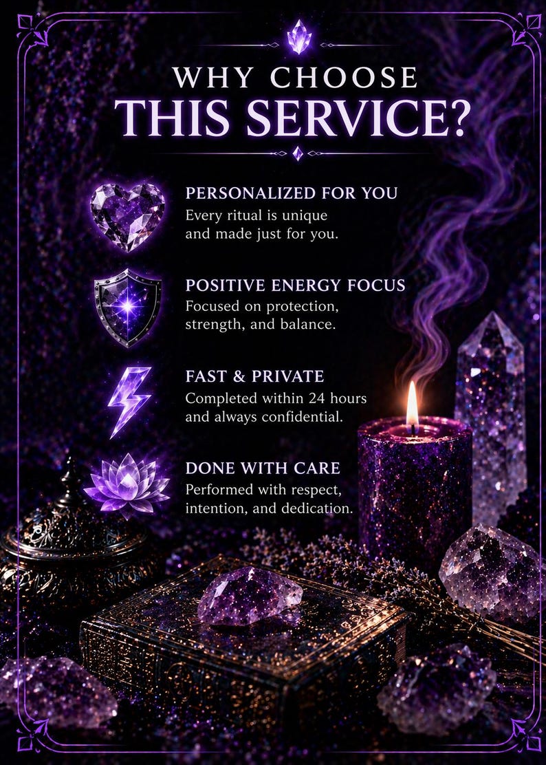 May include: A purple-themed graphic with the text WHY CHOOSE THIS SERVICE? featuring four icons: a heart, a shield, a lightning bolt, and a lotus flower. The text lists: PERSONALIZED FOR YOU, POSITIVE ENERGY FOCUS, FAST & PRIVATE, and DONE WITH CARE.