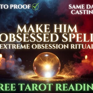 Könnte beinhalten: Eine leuchtende Kristallkugel steht mittig auf einer dunklen Oberfläche, umgeben von vier brennenden Kerzen und blauen sowie roten Rauchschwaden. Der Text lautet: PHOTO PROOF, SAME DAY CASTING, MAKE HIM OBSESSED SPELL, EXTREME OBSESSION RITUAL, FREE TAROT READING.