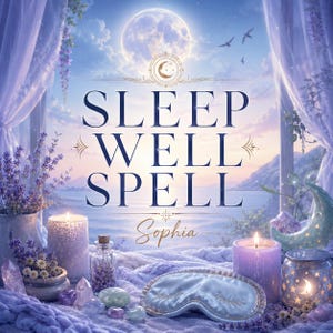 Könnte beinhalten: Eine digitale Grafik mit dem Titel SLEEP WELL SPELL Sophia, die einen Vollmond, Lavendelblüten, brennende Kerzen, Kristalle und eine hellblaue Schlafmaske mit gestickten geschlossenen Augen vor einem Fenster mit Meerblick zeigt.