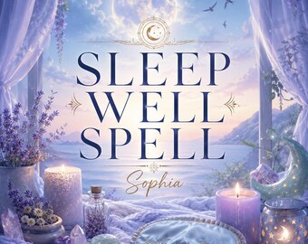 Puede incluir: Un gráfico digital titulado SLEEP WELL SPELL Sophia que muestra una luna llena, flores de lavanda, velas encendidas, cristales y un antifaz azul claro con ojos bordados, frente a una ventana con vista a un mar en calma al atardecer.