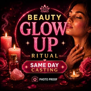 Puede incluir: Un gr&aacute;fico promocional con el texto BEAUTY GLOW UP RITUAL SAME DAY CASTING y PHOTO PROOF. La imagen incluye velas rosas, un peque&ntilde;o frasco de vidrio, un cristal rosa, p&eacute;talos de rosa y una persona con los ojos cerrados en un entorno oscuro.