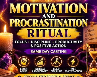 Puede incluir: Un gráfico digital titulado MOTIVATION AND PROCRASTINATION RITUAL con texto sobre enfoque, disciplina y productividad. El diseño incluye un cerebro brillante, una vela encendida, cristales y un reloj de arena con iconos de metas y éxito.