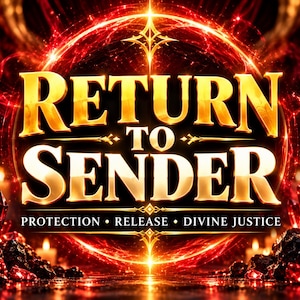 Può includere: Un design grafico con il testo dorato RETURN TO SENDER centrato all'interno di una cornice circolare rossa brillante. Sotto il testo, sono visualizzate le parole PROTECTION • RELEASE • DIVINE JUSTICE. Cristalli rosso scuro e candele sfocate circondano la cornice.