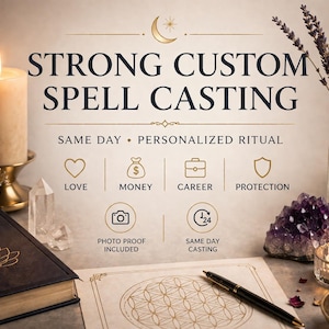 Könnte beinhalten: Ein Arrangement mit einer brennenden Kerze, einem Buch, Kristallen und einem Stift. Der Text "STRONG CUSTOM SPELL CASTING" ist zu sehen, zusammen mit Symbolen für Liebe, Geld, Karriere und Schutz. Der Text "PHOTO PROOF INCLUDED" und "SAME DAY CASTING" ist ebenfalls vorhanden.