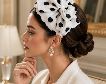 Oversized Polka Dot Bow Headband, Vintage Style Black White Statement Hairband