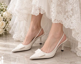 Eleganckie ślubne buty z paskiem na pięcie, buty ślubne na obcasie typu „kaczuszek”, szpilki z kokardą i szpiczastym noskiem, buty dla gości weselnych