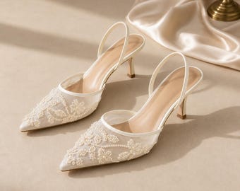 Elegante slingback schoenen van mesh met kleine hak voor bruidsoutfits, bruiloftsgasten, luxe cruises, jachten en resortmode