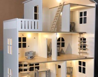 Large Wooden Dollhouse with LED Lights | 3-Story Doll House with Furniture | 60x25x76 cm