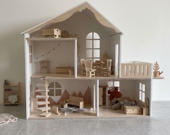 Casa de muñecas de madera con muebles / Casa de muñecas grande de 3 pisos / Casa de juguetes minimalista