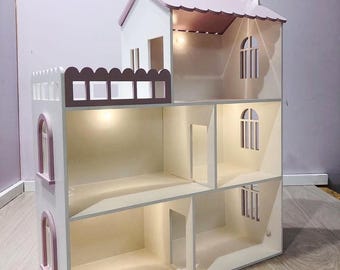 Wooden Dollhouse with LED Lights for Dolls up to 15cm, Cozy Playhouse 50x20x52cm