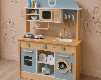 Cocina de juguete de madera para niños con refrigerador, máquina de hielo y fregadero / Casa de juego de simulación Montessori