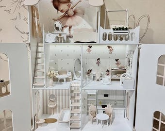 Gran casa de muñecas de madera hecha a mano/1:6/con muebles e iluminación LED,