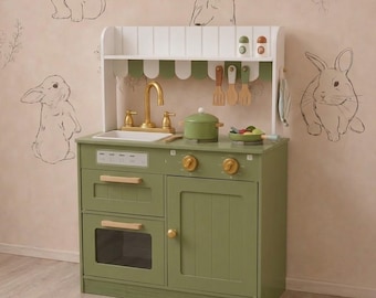 Cocina de juguete Montessori de madera con fregadero y accesorios / Juego de cocina de juguete para niños