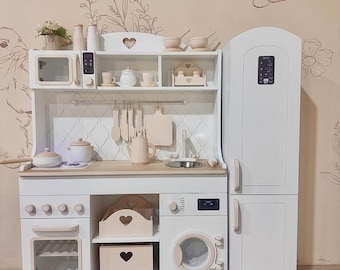Cocina de juguete grande de madera con refrigerador y luces / Juego de cocina Montessori / 124x90x32 cm