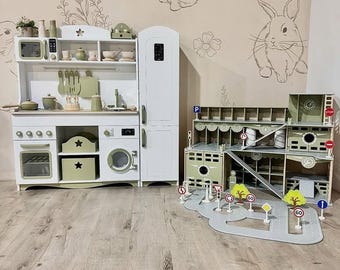 Juego de cocina y garaje de madera, muebles para sala de juegos Montessori, juguete para juegos de imitación.
