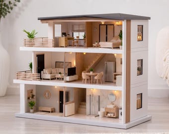 Modern Wooden Dollhouse 1:12 Scale with LED Lights | 3-Story Miniature House | 80x30x66 cm