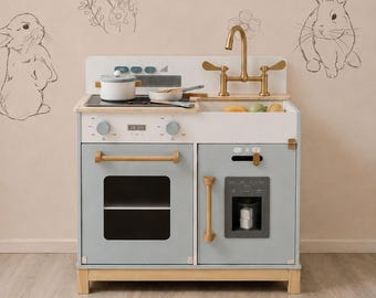 Cocina de juguete de madera con fregadero, horno y fogones / Juego de juguetes moderno escandinavo para niños pequeños