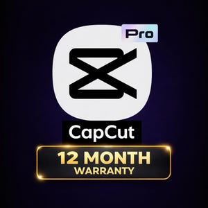 May include: A digital graphic featuring the CapCut logo, a stylized black and white design within a white oval. The word "CapCut" is below the logo, with "Pro" in a small box. A black rectangle with "12 MONTH WARRANTY" is at the bottom.