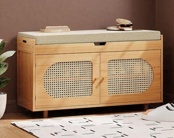 Rattan Bamboo Entryway Bench – 2-Door Shoe Storage with Padded Cushion