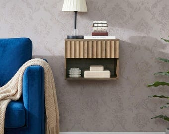 Floating Nightstand, Fluted Drawer, Modern Bedside Table, Open Shelf Storage