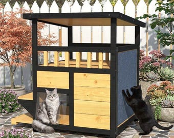 Weatherproof Wooden Cat House, 2-Story Feral Cat Shelter, Indoor/Outdoor Enclosure