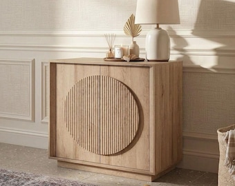 Modern Buffet Cabinet – Round Fluted Door Sideboard, Wooden Storage Coffee Bar