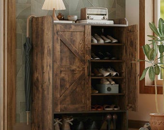 Farmhouse Wooden Shoe Cabinet, 5-Tier Storage Organizer, Rustic Brown Doors
