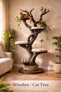 Luxury Wooden Cat Tree Sculptural Cat Tower Modern Solid Wood Cat Furniture Multi Level Cat Condo Unique Designer Cat Climbing Tree product logo