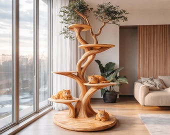 Custom Handmade Wooden Cat Tree 59”H x 30”L | Modern Large Cat Climbing Tower | Solid Wood Luxury Cat Furniture