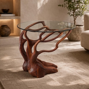 Rustykalny stolik boczny z drewna, stolik pomocniczy z litego drewna, stolik z rzeźbioną podstawą w kształcie drzewa, nowoczesny rustykalny stolik boczny, ręcznie robione meble z drewna