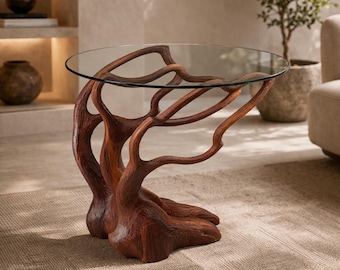 Mesa auxiliar rústica de madera, mesa de acento de madera maciza, mesa con base de árbol escultural, mesa auxiliar rústica moderna, muebles de madera hechos a mano