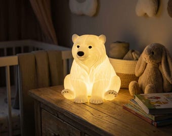 Small Polar Bear Night Light, Hand-Painted Details, Nursery Animal Decor, LED Tealight
