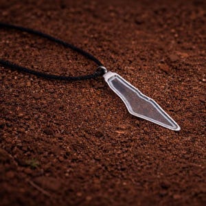 May include: A silver pendant necklace with a black cord. The pendant has a clear, geometric shape with a dark brown interior. The necklace is lying on a bed of brown soil.