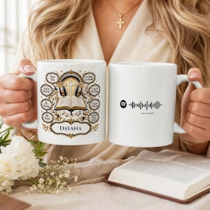 Personalized Christian Mug with Spotify Code, 38 Song Worship Playlist, Custom Name Bible Verse Coffee Cup Gift for Her