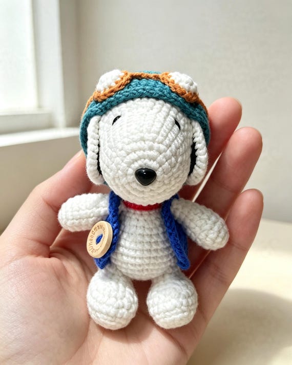 A palm-sized crochet pilot puppy doll — hand-crocheted amigurumi with a specific character concept that screams 'a real person spent hours on this.'