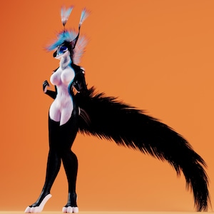May include: A stylized anthropomorphic creature with a white and black color scheme, set against an orange background. The creature has a long, fluffy black tail and blue and white accents on its head. The figure is posed in a dynamic stance.