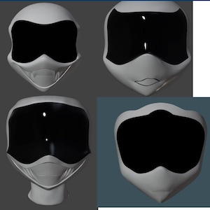Peut inclure: Quatre modèles de casques blancs d'aspect futuriste avec des visières noires sont présentés sur un fond gris et bleu. Les casques ont une forme lisse et arrondie avec une zone de visière distincte et une section inférieure du visage. Un casque a une bouche dessinée.