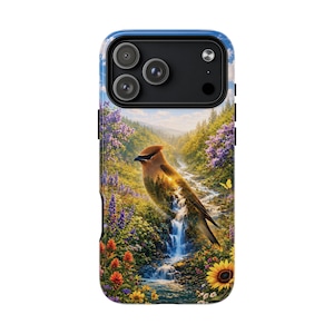 May include: A smartphone case featuring a double exposure design of a cedar waxwing bird blended with a lush landscape. The scene includes a cascading waterfall, vibrant purple lupines, orange wildflowers, a yellow sunflower, and a blue sky.