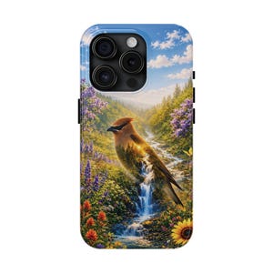 May include: A smartphone case featuring a double exposure design of a cedar waxwing bird blended with a lush landscape. The scene includes a cascading waterfall, vibrant purple lupines, orange wildflowers, a yellow sunflower, and a blue sky.