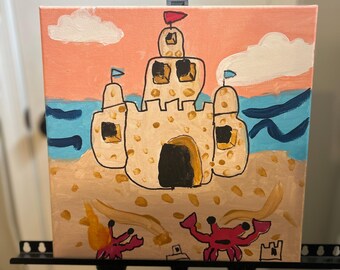 Original Hand-Painted Canvas: Beachside Paradise Sandcastle Art – Coastal Décor