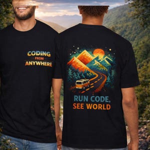 May include: Black t-shirts with vibrant graphics. One displays "CODING FROM ANYWHERE" in a retro style. The other features a pixelated mountain scene, a van, and the text "RUN CODE, SEE WORLD".