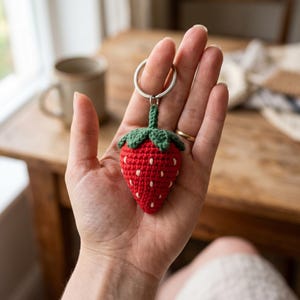 以下が含まれることがあります： 緑の葉と白い種が付いた、赤いかぎ針編みのイチゴのキーホルダー。キーホルダーはシルバーのリングに付いています。イチゴは手で持たれています。