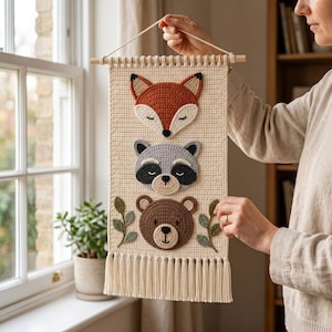 Woodland Dieren Crochet Wandhanger Patroon, Bos Babyboho Decor, Vos Wasbeer Beer Tapestry PDF
