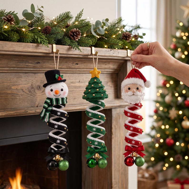 May include: Three hanging crochet ornaments featuring a snowman in a black hat, a green Christmas tree with a yellow star, and a Santa Claus figure. Each ornament has a spiral body with small beads, a satin bow, and two small jingle bells at the base.